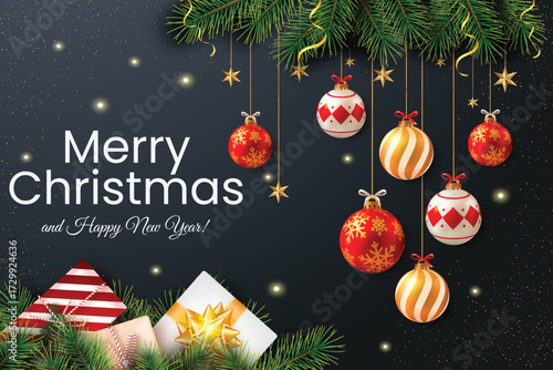 Merry Christmas Greeting Card with Red Ornaments, Baubles, and Golden Holiday Decorations on Elegant Black Background