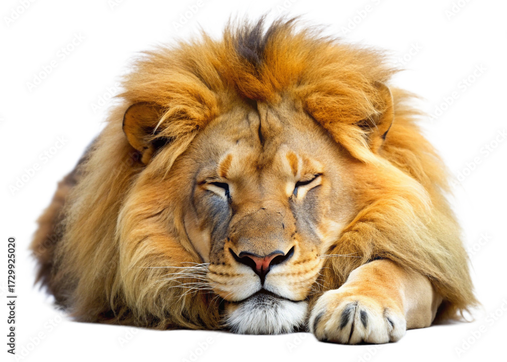 Fototapeta premium Beautiful sleeping lion isolated on a white background