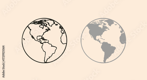 Two globes showing north and south america, one outlined, one solid