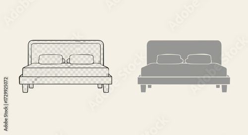 Two beds, one detailed sketch, one solid gray illustration