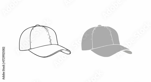 Outline and solid gray baseball cap isolated on white