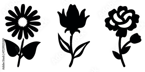 Vector Silhouette Set of Flowers Daisy Rose and Tulip Bold Black Shapes