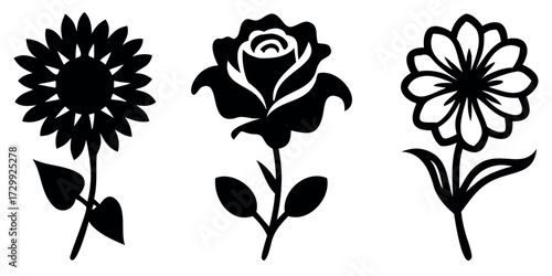 Vector Silhouette Set of Flowers Daisy Rose and Tulip Bold Black Shapes