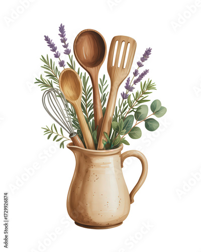 Rustic Kitchen Utensils and Fresh Herbs Arrangement