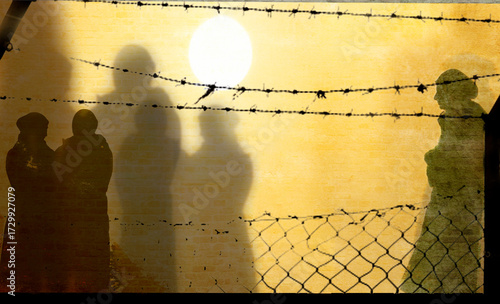 Refugee in Ukraine and Gaza and in the world showed as shadows on a wall with barbed wire