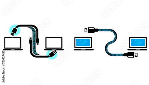 Seamless Digital Device Interconnection: A Vector Image Illustrating the Physical Connectivity of Multiple Computer Screens via Data Cables, Representing Wired Network Synchronization and Information 