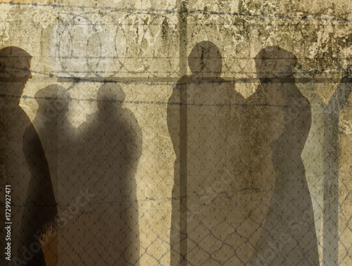 Refugee in Ukraine and Gaza and in the world showed as shadows on a wall with barbed wire