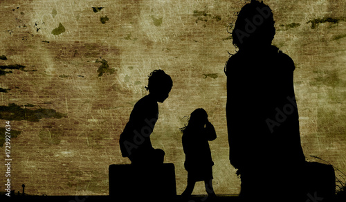 Refugee in Ukraine and Gaza and in the world showed as shadows on a wall with barbed wire