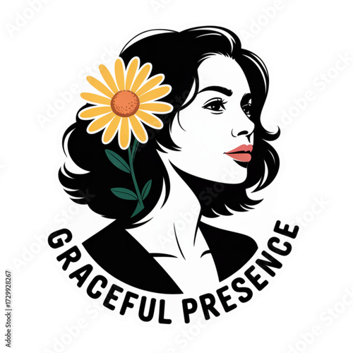 Elegant woman with flower in hair and graceful presence text isolated on transparent background