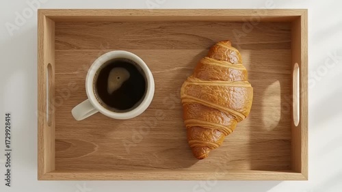 A cozy breakfast scene featuring a freshly baked croissant and a cup of coffee on a wooden tray