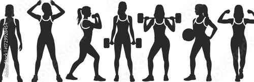Women workout silhouettes lifting dumbbells and barbell, exercise poses, fitness training, gym workout vector illustration, strength training, sports activity, healthy lifestyle design