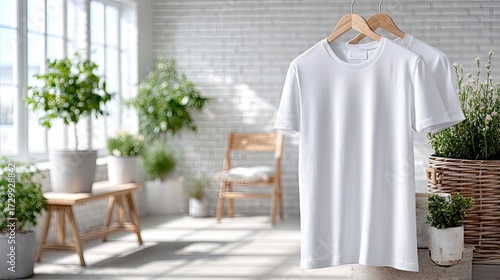 White Blank T Shirts Mockup Displayed on Hangers in Bright Room with Plants
