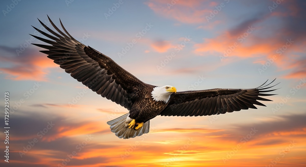 Obraz premium Bald Eagle Flying Against Dramatic Colorful Sunset Sky