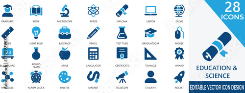 A modern vector icon set representing education, science, research, and innovation concepts. Perfect for apps, websites, presentations, and stock platforms needing clear academic and scientific visual