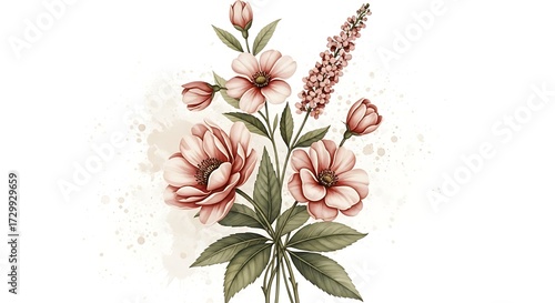 Artistic watercolor illustration of a beautiful botanical bouquet with delicate pink flowers and buds