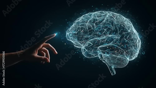 A human hand reaching out to a glowing digital brain, symbolizing connection and technology
