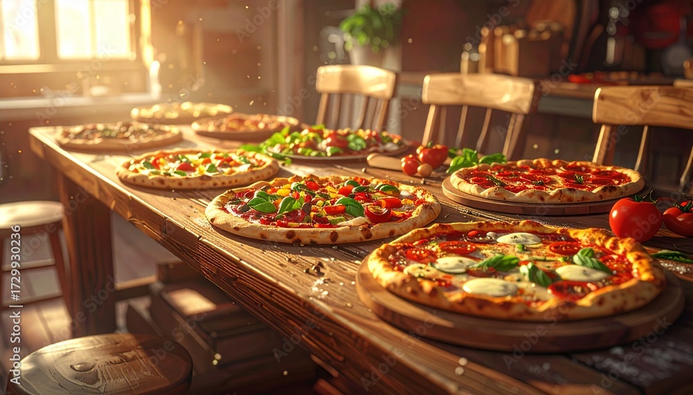 Obraz premium Pizza party scene with multiple varieties of pizzas on a long wooden table