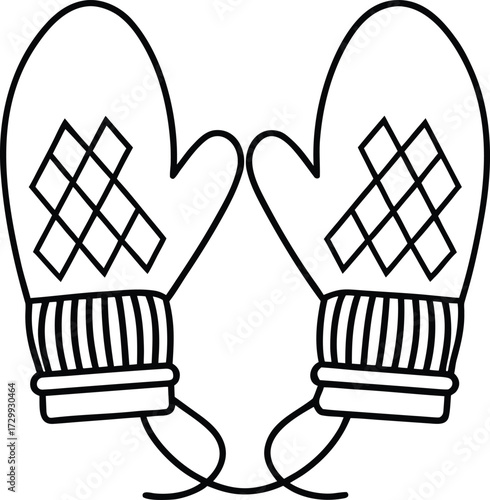 winter mittens with cable knit line art on transparent background