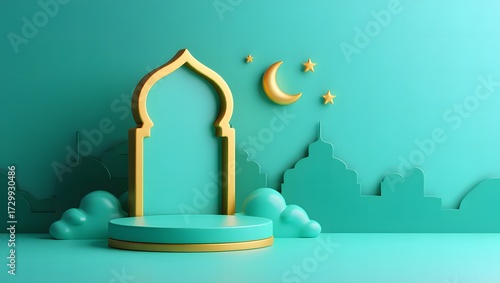 Wallpaper Mural Elegant islamic archway with crescent moon and stars on teal background Torontodigital.ca