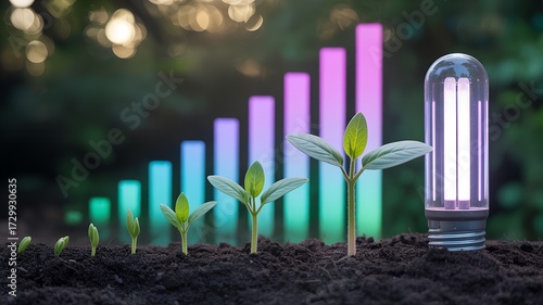 Side view of seedlings in ascending growth stages with holographic neon bar graph and futuristic LED bulb, symbolizing innovation, progress, and sustainable eco-technology in a hopeful atmosphere