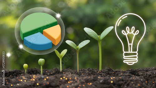 Five seedlings sprouting from sparkling enriched soil with holographic glowing pie chart and luminous light bulb icon, symbolizing vitality, eco-innovation, and sustainable growth in a modern style