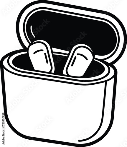 wireless earbuds in case line art on transparent background