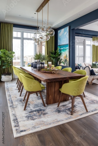 A spacious dining area boasts a large wooden table, lime green chairs, and a captivating patterned rug, illuminated by a cluster of glass pendant lights.
