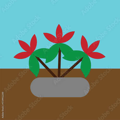 Red flower and green leaf design in a tub
