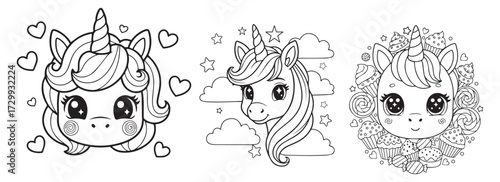 Cute Unicorn Coloring Page with Hearts Clouds and Sweet Treats Compilation