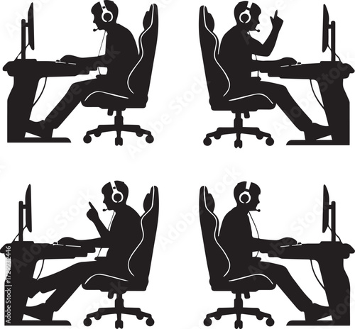 Silhouette of a Gamer Man Playing Video Games with Headset Four Poses