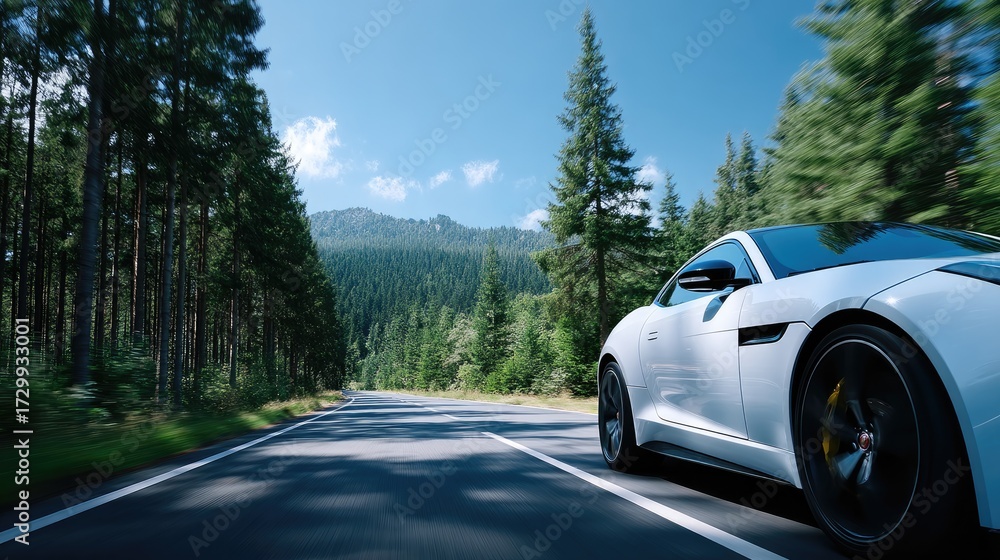 Fototapeta premium White Luxury Car Driving on Asphalt Road through Forest Scenic Mountain Backdrop Sunny Day