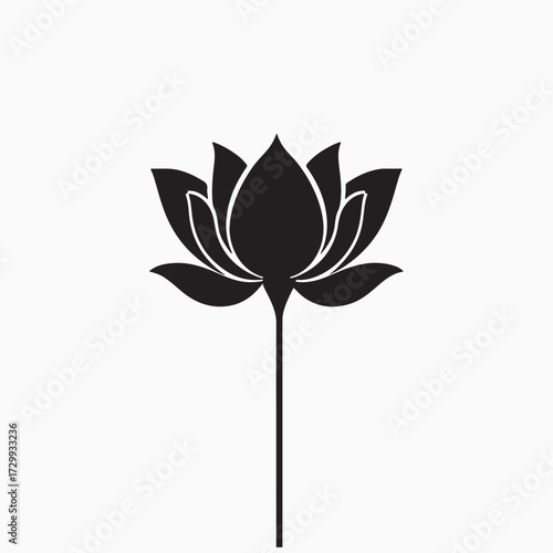 Monochrome Black Silhouette of a Blooming Lotus Flower on a Stem Spa and Meditation Vector Illustration.