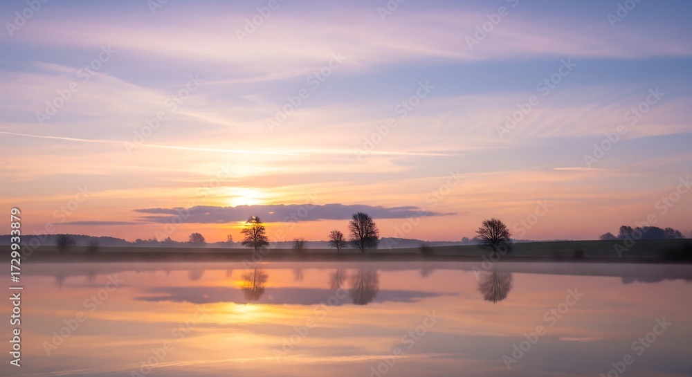 Obraz premium Serene Sunset Reflecting on Calm Water with Trees Silhouette in Pastel Sky