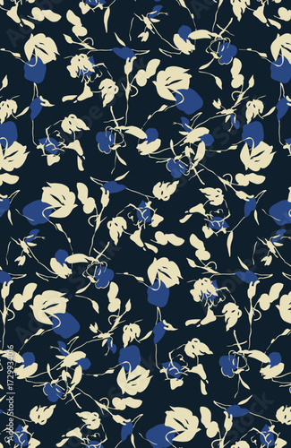 Abstract solid vector textile design, arrangement with dual-tones cilhuettes block of leaves pattern, all-over seamless pattern with blue and cream tone color illustration, digital image prints