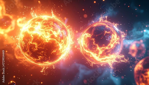 Abstract glowing powerful color background, particle one Action, energy burst, render D spheres colliding animated representing