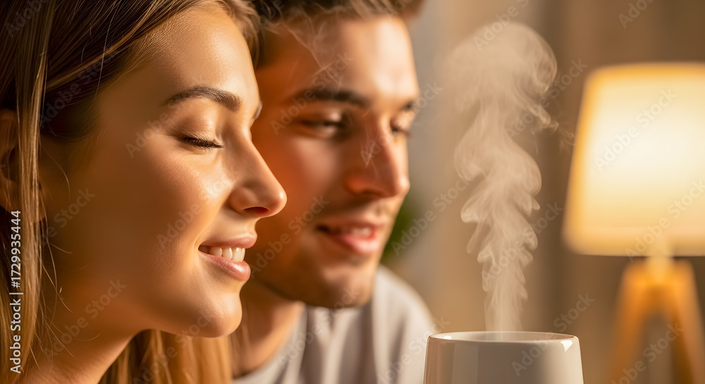 Fototapeta premium Happy couple enjoying aromatherapy diffuser at home in warm cozy light