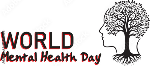 Vector art of world mental health day text with tree in head silhouette