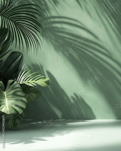 Elegant tropical green background with shadows cast by palm leaves against soft mint wall creating tranquility and nature-inspired elegance for product display or presentation design