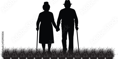 Vector art of elderly couple holding hands with walking sticks