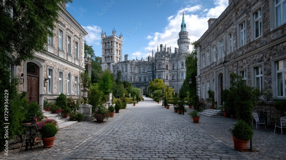 Naklejka premium White Stone Castle European Architecture with Ornate Facade and Greenery Under Blue Sky, Belgium Historic Building with Garden, Sunny Day, Architectural Detail