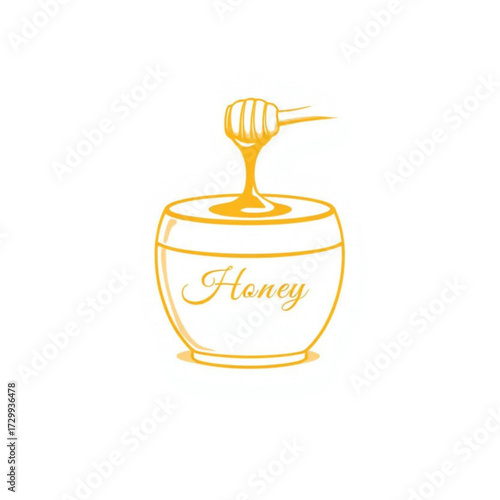 Honey barrel with dripping honey and wooden dipper in yellow outline  