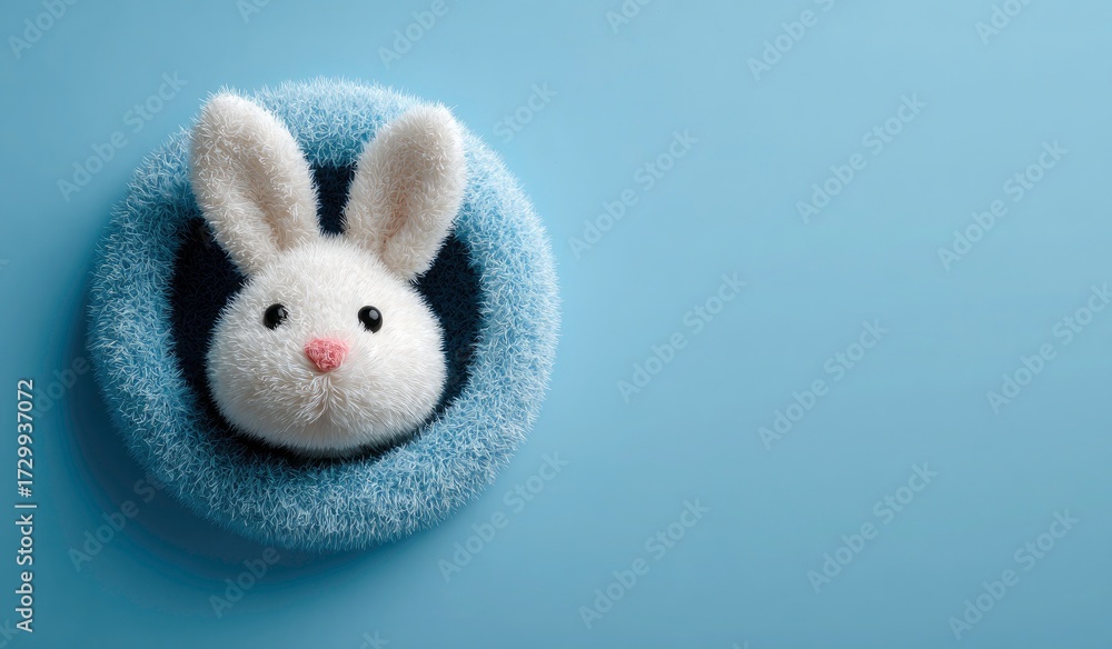 Obraz premium A fluffy white rabbit head peeking from a blue speckled eggshell