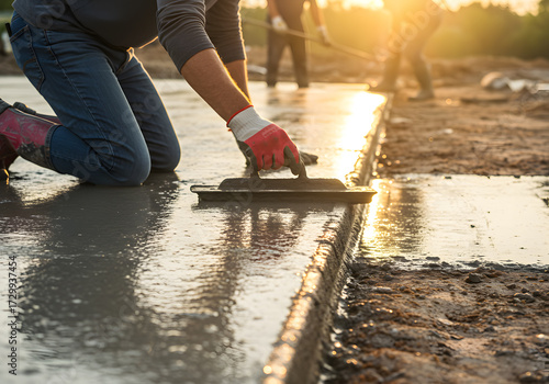 A construction worker is smoothing wet concrete with a float on a construction site at sunset