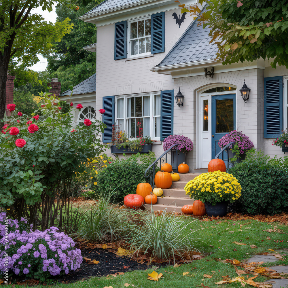 Obraz premium Charming Two-Story House with Vibrant Fall Garden
