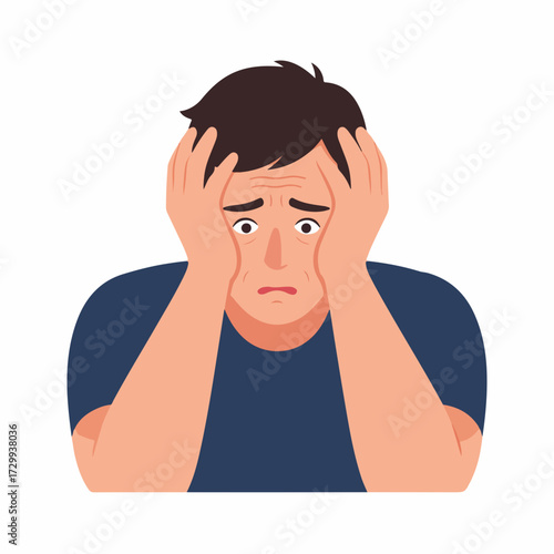 Flat Illustration Depressed Man Holding Head with Both Hands Character