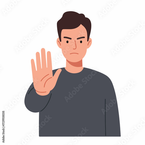 Flat Illustration Serious Young Man Showing Hand Stop Gesture Character