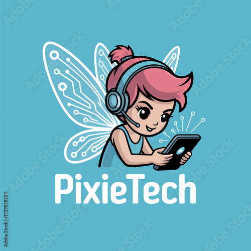 Digital pixie mascot, cute winged character with headset and tablet, technology fairy concept, startup app logo, vector illustration