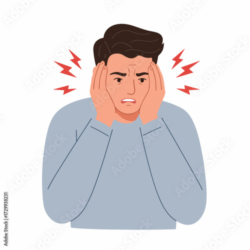 Flat Illustration Young Man Experiencing Headache Pain Sickness Healthcare Concept