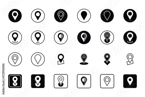 Location Pin Icons Set. Modern, Black and White Map Pointer Symbols Pack for GPS, Address, and Navigation.