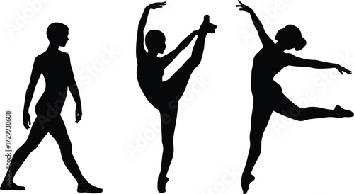 Ballet dancer silhouette vector, elegant female poses, leaping ballerina, high leg extension, cad drawing flat vector illustration, black art